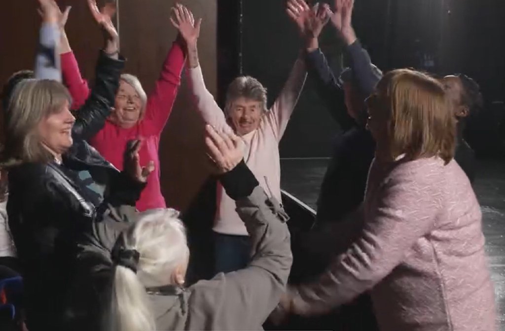 Jan Emms celebrates with her former team mates. Image: Screenshot of BBC1 The One Show