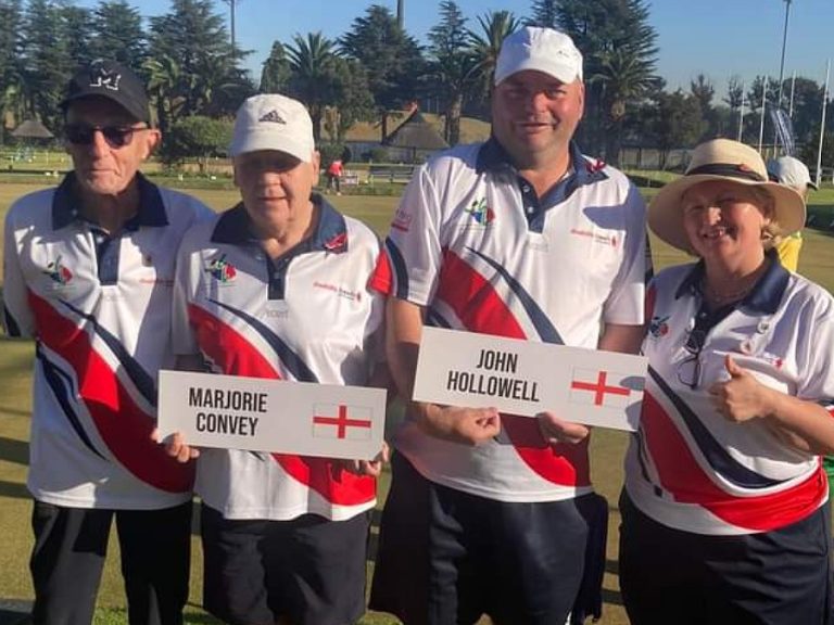 John Hollowell and Marjorie Convey with their partners at the Disability Bowls World Championships in South africa