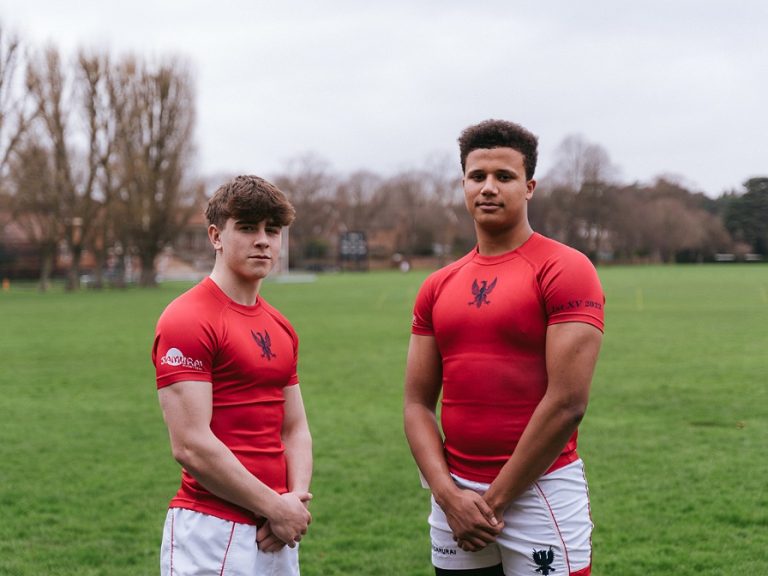 Jonny Weimann and Aiden Ainsworth-Cave in their Bedford School rugby kit after being called up to England Under 18s in March 2024