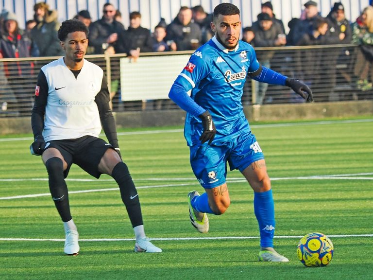 Leon Lobjoit in action for Bedford Town against Telford at the Eyrie