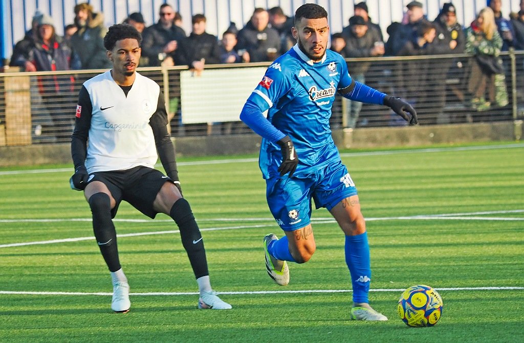 Leon Lobjoit in action for Bedford Town against Telford at the Eyrie