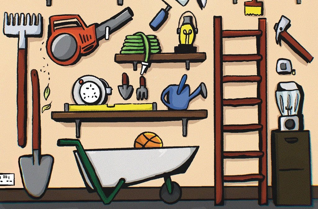 An illustration by Curtis Reeve of a 'library of things' with tools and items displayed on a wall including a ladder, wheelbarrow, extension lead amd watering can.