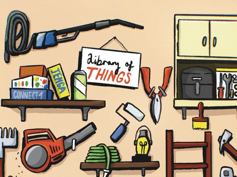 An illustration by Curtis Reeve of a 'library of things' with tools and items displayed on a wall inlcuding a leaf blower, board games and tools.