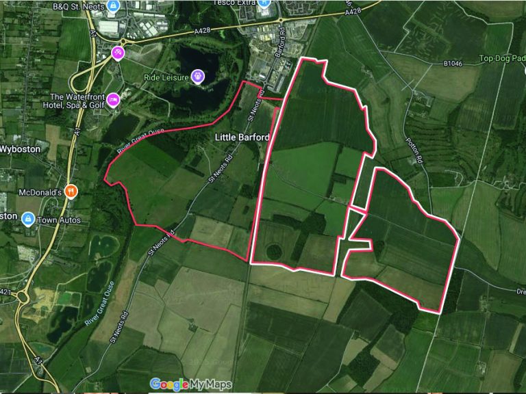 Approximation of the development area NOTE: Some areas within the red line boundaries will not be developed. The new A421 will also pass through the area Screenshot Google My Maps Map Data (C)2025 Imagery (C) Maxar Technologies Image: LDRS