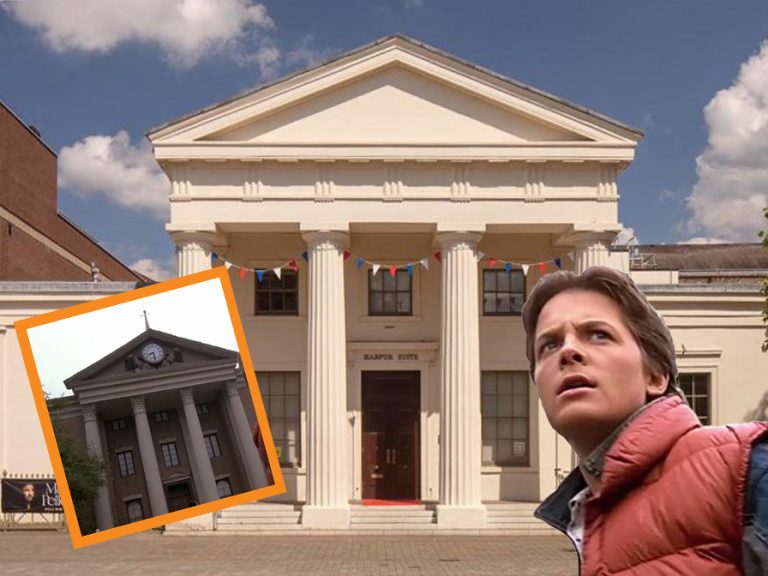 Michael J. Fox as Marty McFly in the Back to the Future trilogy. Bedfordians have commented on the similarity between Bedford's Harpur Suite, (main image) and the Hill Valley Court House (inset) which was a pivotal location in the films. Image: Bedford Borough Council/Universal Pictures