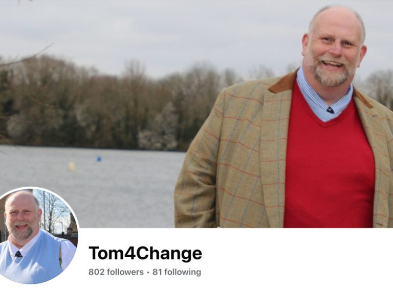 The header of Mayor Tom Wootton's personal Facebook pager 'Tom4Change'. He is pictured in a tweed jacket standing in a field.