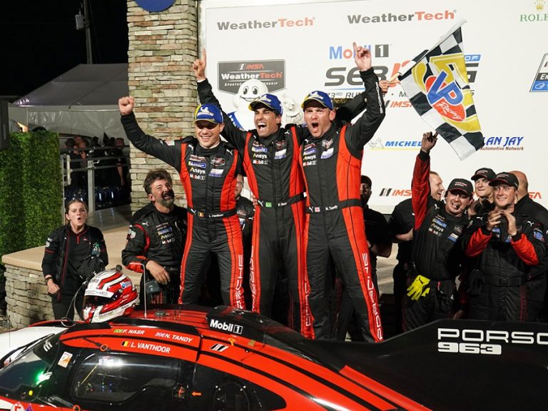 Nick Tandy (right) celebrates a race win at Sebring alongside his teammates, Felipe Nasr and Laurens Vanthoor