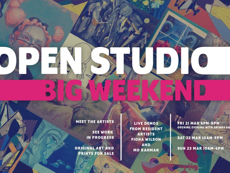 A montage of artworks by the artists in residence at POPSTUDIO4 in the Old Arcade in Bedford