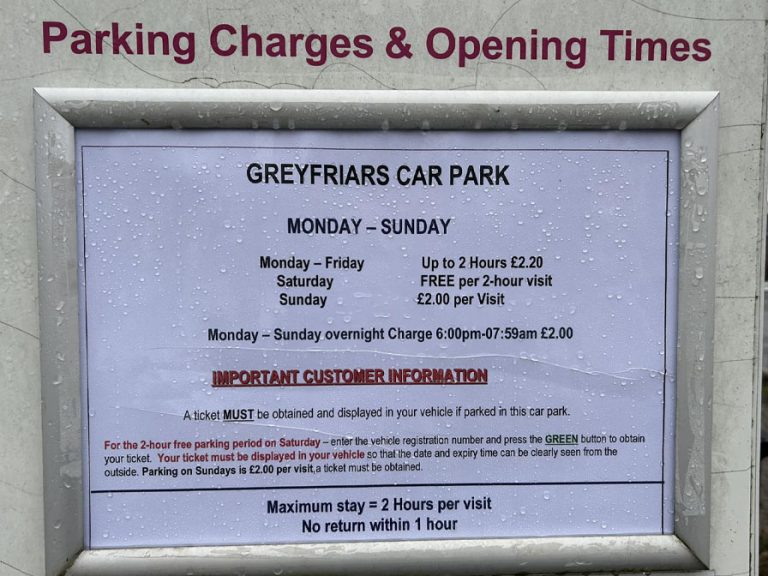 The information board at Greyfriars car park, showing new charges for Sunday and overnight parking