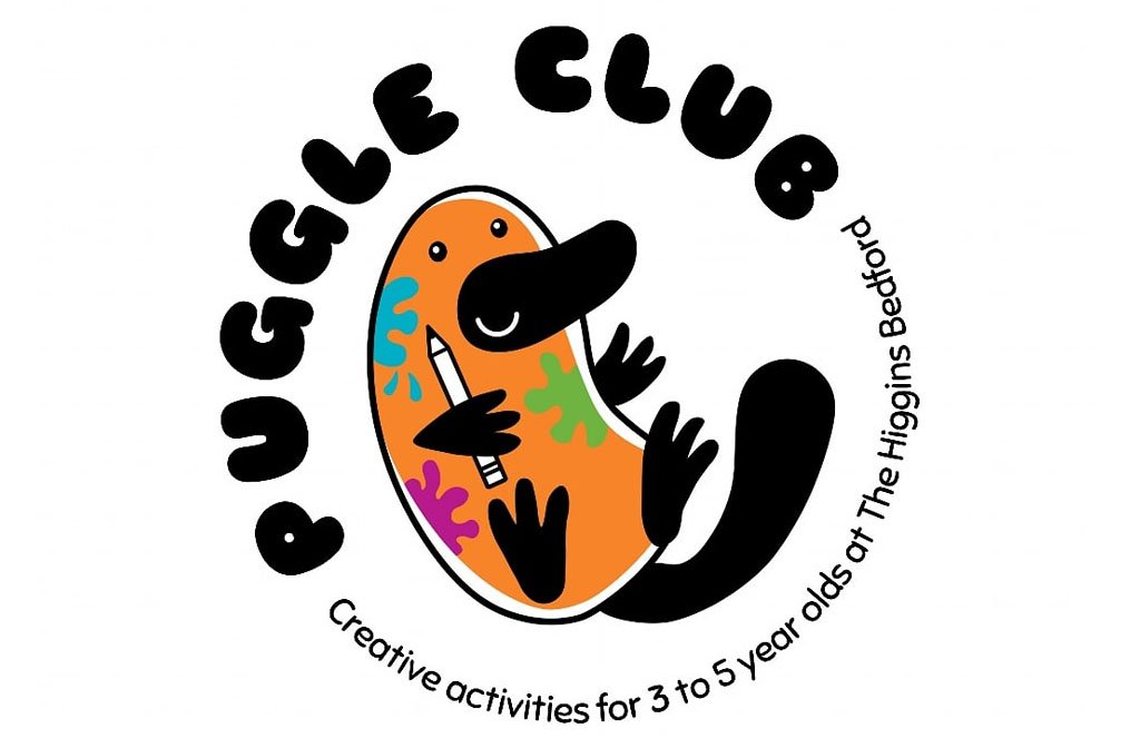 Puggle Club logo of a platypus holding a pencil and covered in paint splashes