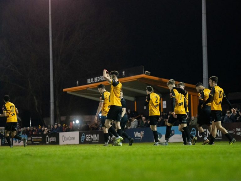 Real Bedford celebrate a goal at the Ledger Stadium