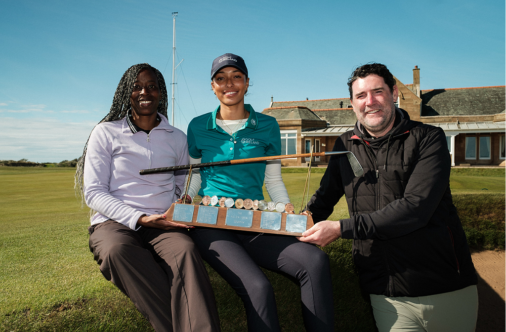 Roisin Scanlon with her parents after success at the Women's Scottish Open at Royal Troon
