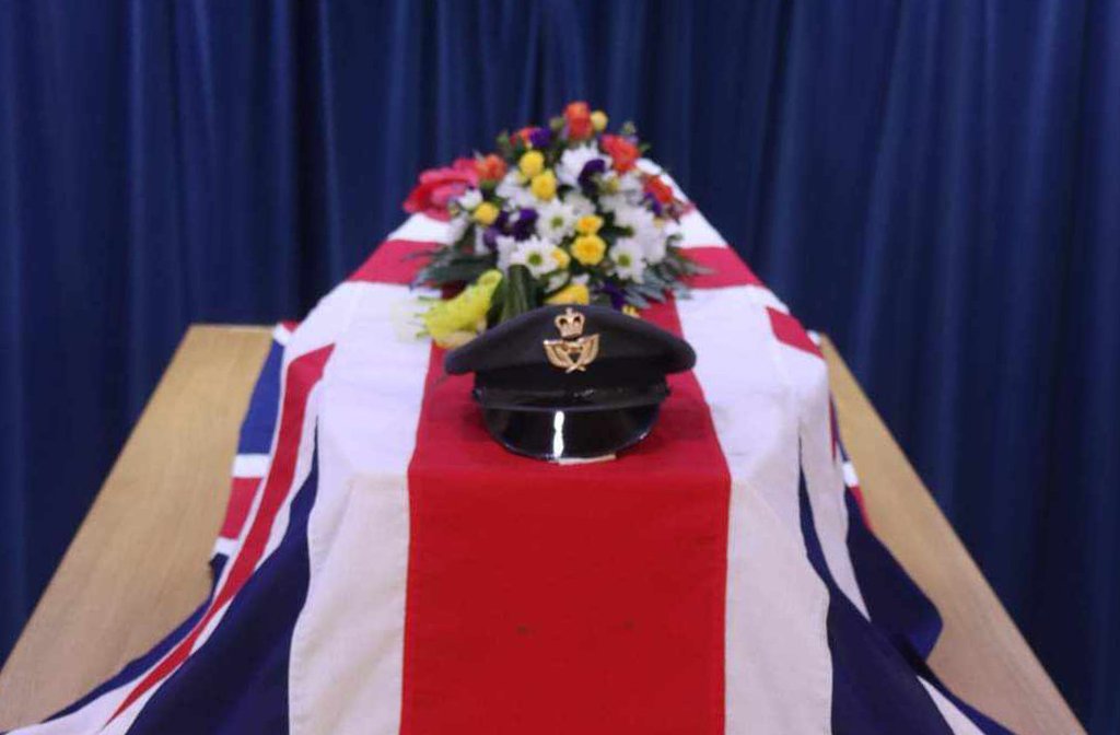 Roy Easton's coffin was adorned with the Union Jack and his RAF cap for his funeral at Norse Road Cemetery. Image: Stanley's Photos