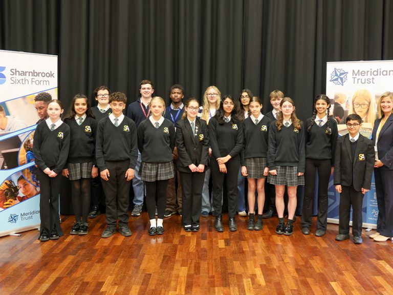 Sharnbrook Academy students in a group photo to celebrate their Ofsted results 2025. Image: Meridian Trust