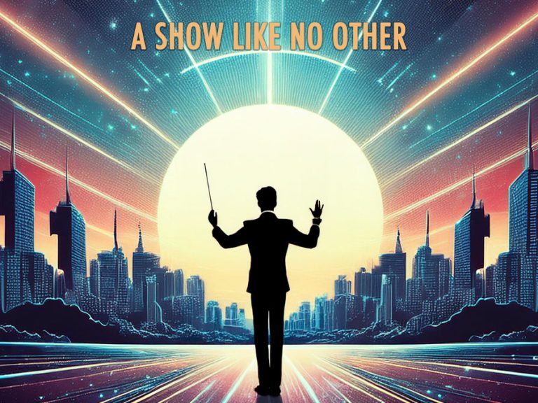 A silhouette of a conductor in front of a cityscape and sci-fi sky