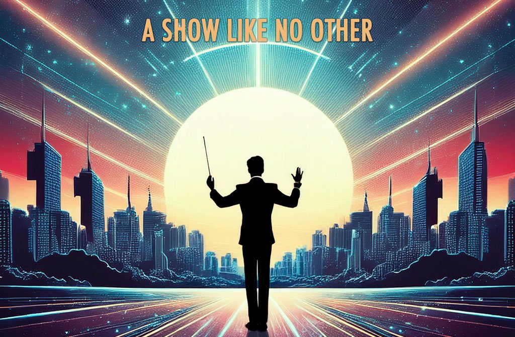 A silhouette of a conductor in front of a cityscape and sci-fi sky