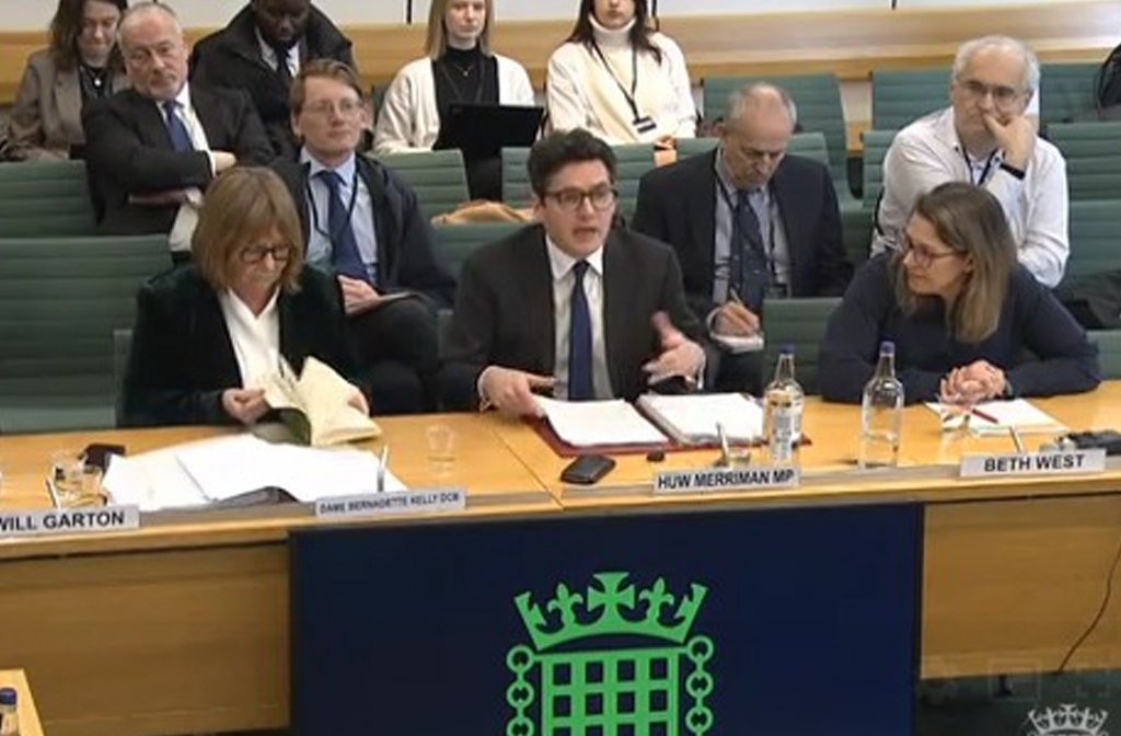 Transport Committee hearing featuring Huw Merriman MP and Beth West (EWR). Image: LDRS
