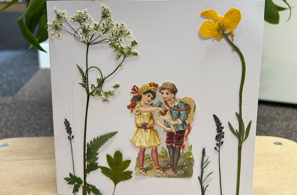 Victorian card making using pressed flowers from the Panacea Museum garden