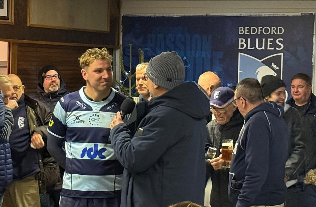 Player of the match, Will Maisey interviewed by Sam Roberts after festive game against Cambridge