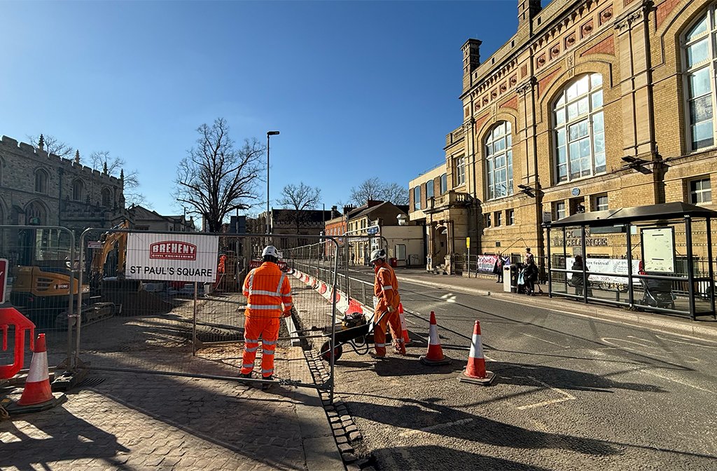 Workers working on the St Paul's Square improvement works March 2025. Image: Bedford Independent