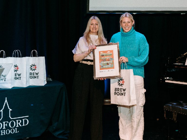 Young Achiever Maddie Axford (r) with Lindsay Ephgrave from Bedford Heights at the Quarry Theatre for Bedford Independent Everyday Heroes Awards 2022