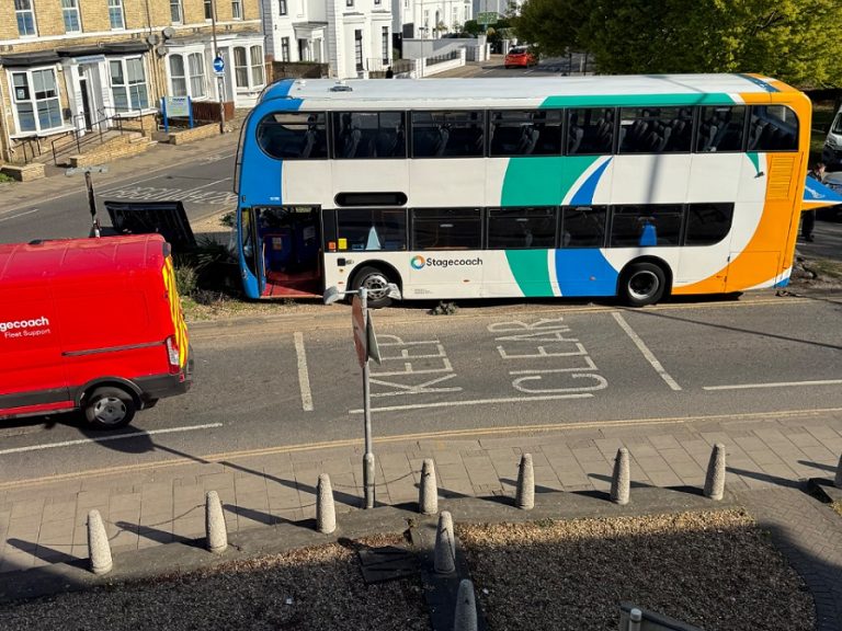 Image of a crashed bus at Goldington Road / St Peters St junction in April 2025