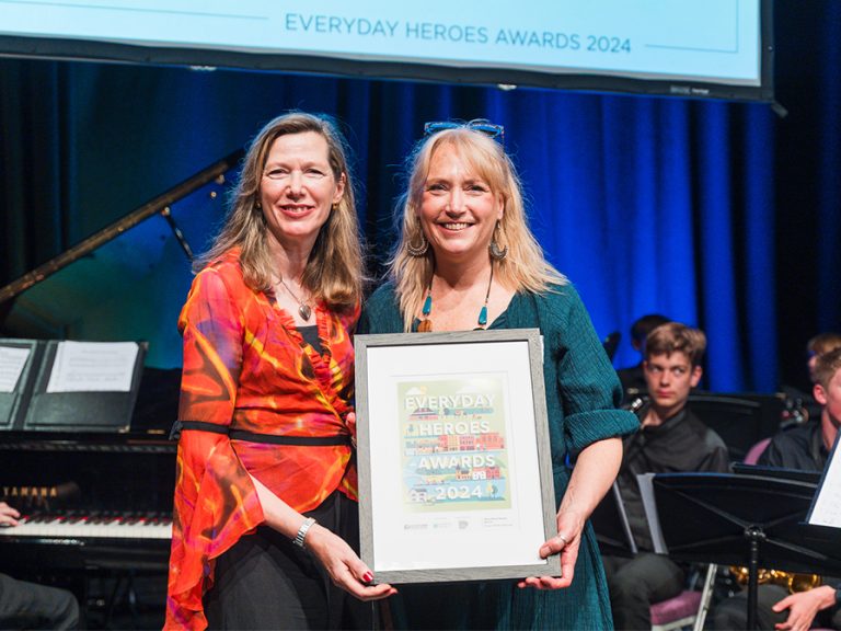 (l-r) Bedford Radio's Janet Field with Pride in Bedford Borough award winner Anne-Marie Abbate. Image: Bedford Independent.