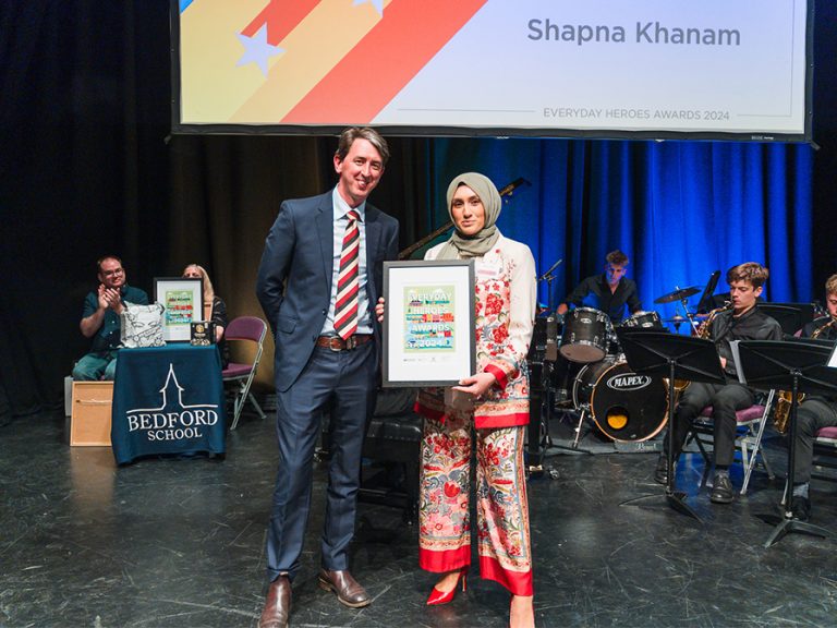 (l-r) Brewpoint's Nick Wells with the 2024 Unsung Hero, Shapna Khanam. Image: Bedford Independent