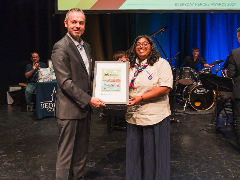 (l-r) David Steadman of the Harpur Trust and 2024 Volunteer of the Year Janet Dickinson.