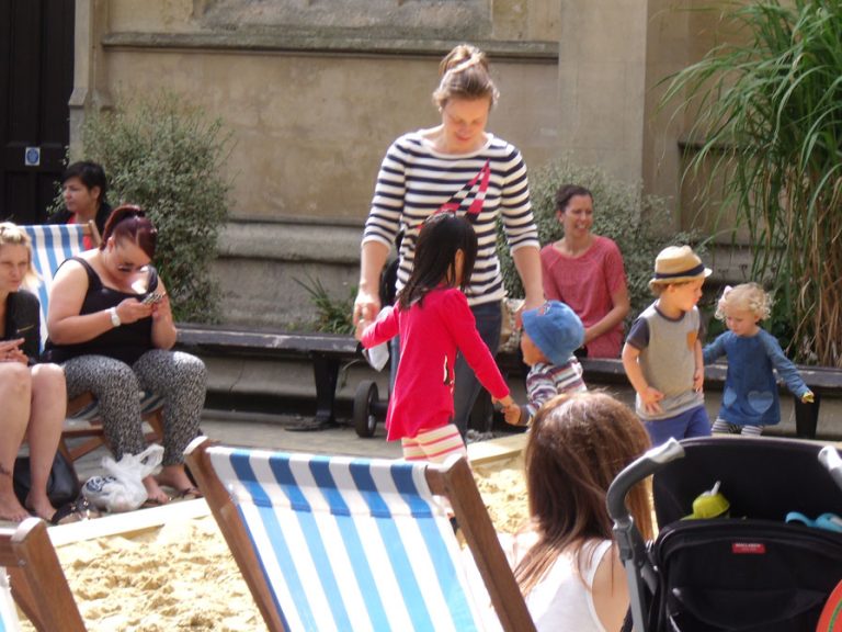 A sandy beach and deckchairs in Bedford town centre