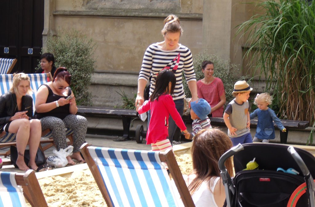 A sandy beach and deckchairs in Bedford town centre