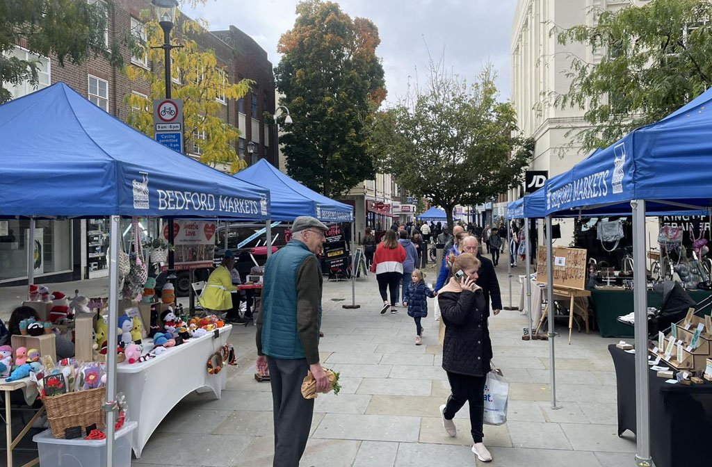 Stalls at Bedford Craft Market in Silver Square. Image: Bedford Borough Council