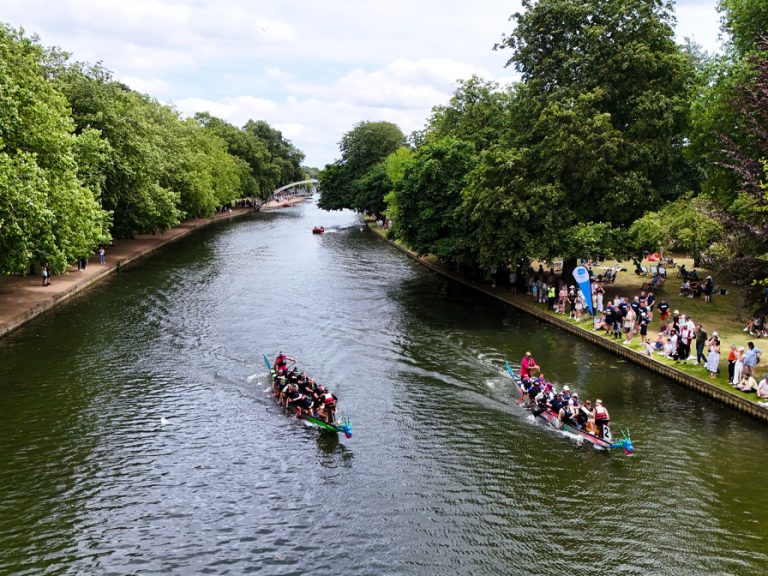 Drone photo of the Bedford Dragon Boat Race on the River Great Ouse. Image: Harvey Greenwood - Greenwood Drones