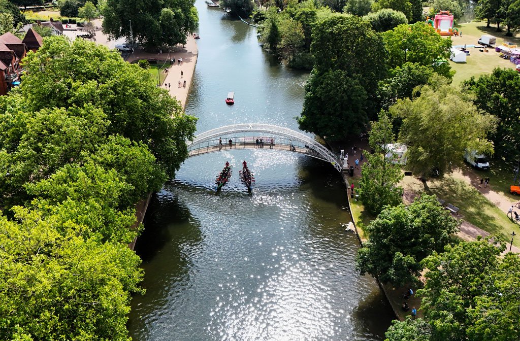 Drone photo of the Bedford Dragon Boat Race on the River Great Ouse. Image: Harvey Greenwood - Greenwood Drones