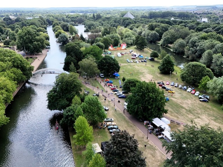 Aerial shot of the Bedford Kite and Motoring Festival over the River Great Ouse in June 2025