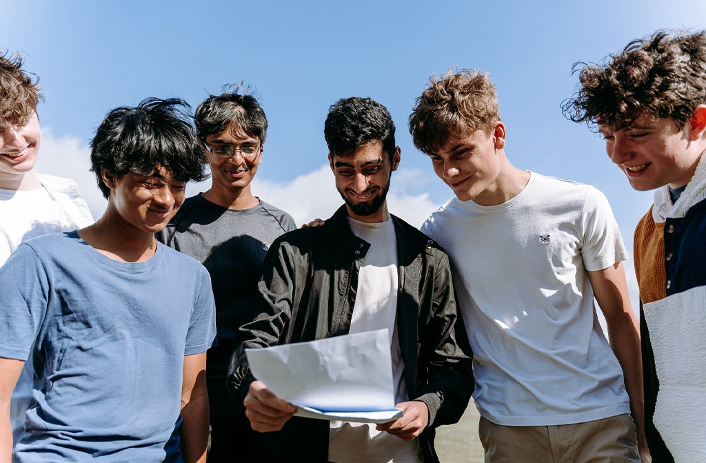 Bedford School boys celebrating their A-level results 2025
