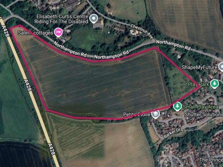 Approximate boundary for the proposed land south of Northampton Road, Bromham development