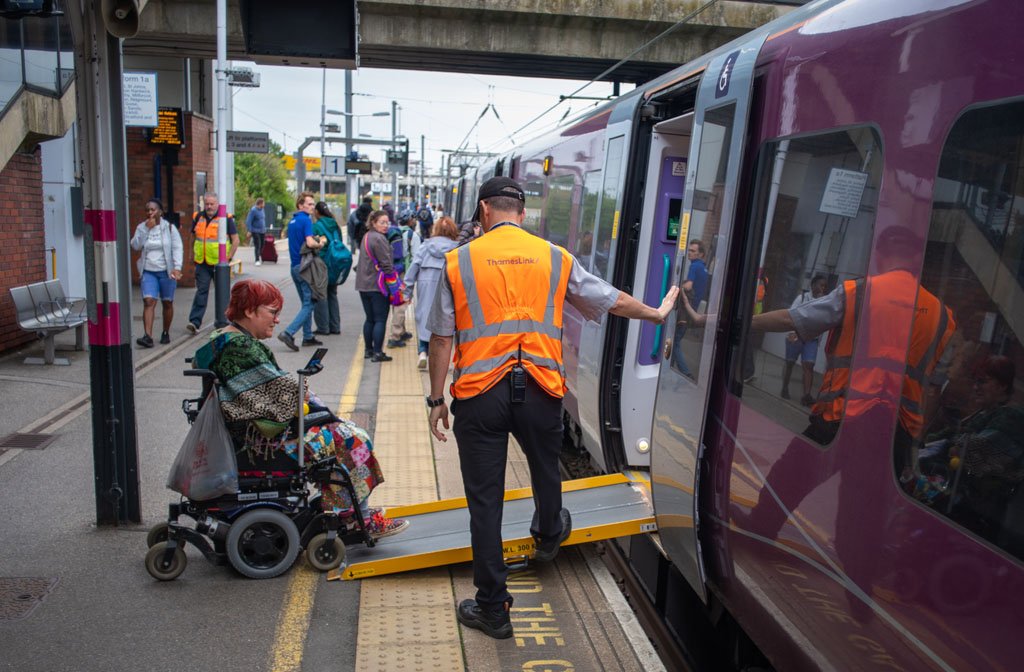 Caroline Coster in her wheelchair accessing an EMR train on platform 1 at Bedford Station. Image: Caroline Coster