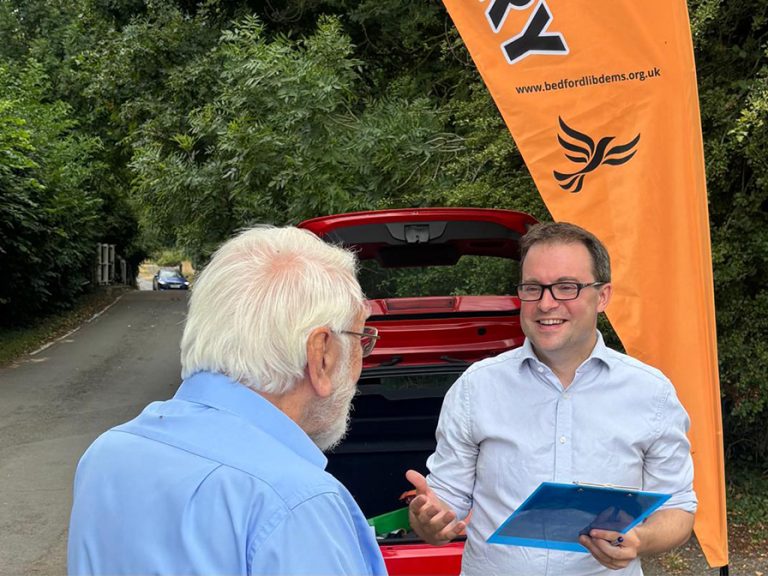 Cllr Henry Vann on the North Beds Liberal Democrat 2025 Village Tour. Image: Bedford Borough Liberal Democrats