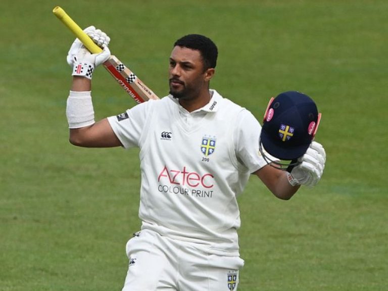 Emilio Gay celebrates a century for Durham in the County Championship