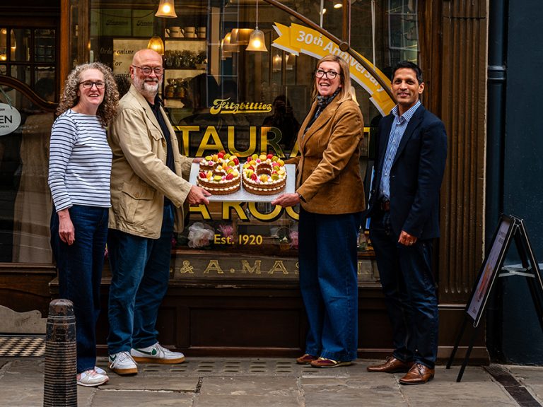 Fitzbillies owners Alison Wright and Tim Hayward (l) with ACT Chief Exec Shelly Thake (r) with surgeon Atanu Pal. Image: ACT