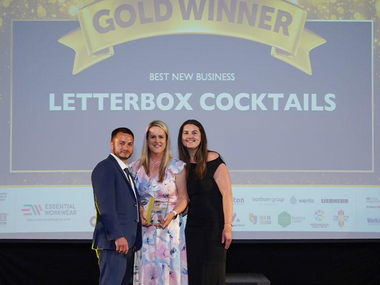 Jennie Bayliss (c) collecting the Letterbox Cocktails Best New Business award at the 2025 SME Bedfordshire Business Awards. Image: Letterbox Cocktails