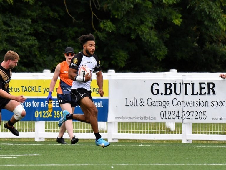 Josh Hudson-Lett races clear to score one of ten Bedford Tigers tries against Bristol