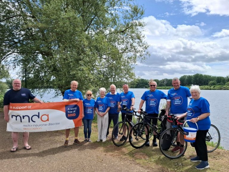 Pat and friends by the river, preparing for a 900-mile charity bike ride in aid of Motor Neurone Disease