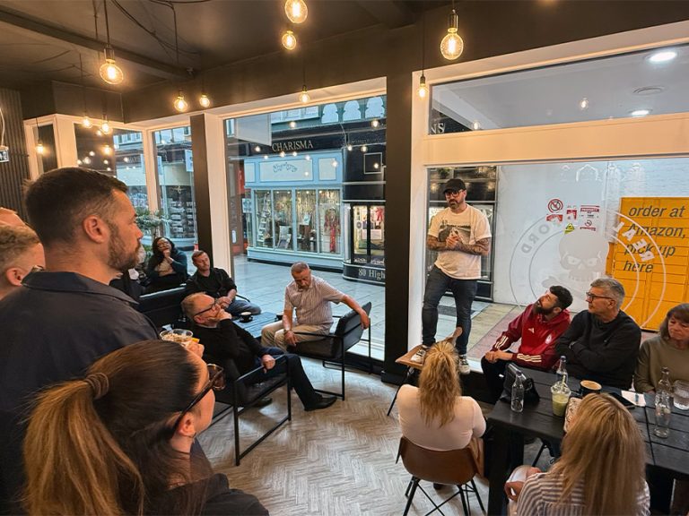 Peter McCormack addressing attendees at the public meeting at Real Coffee on 24 July to discuss ASB and other crime in Bedford Town Centre. Image: Bedford Independent