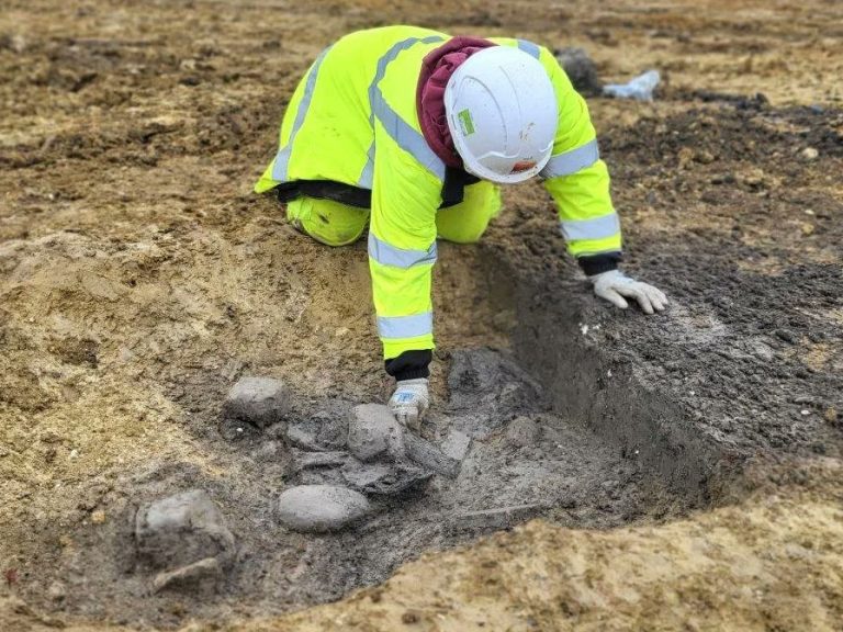 Archaeologists examine a find as part of the East West Rail works.
