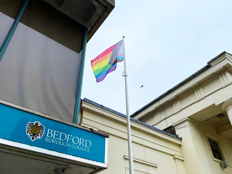 Progress Pride Flag flying over Harpur Square Image Bedford Borough Council
