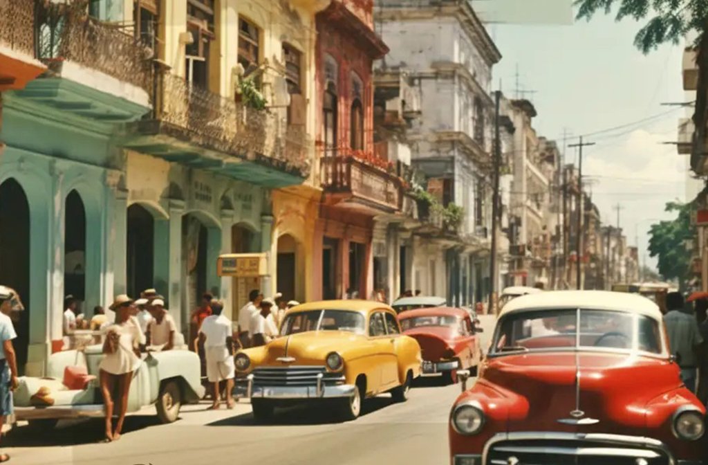 A street scene in Havana, Cuba featuring vintage cars and colourful buildings