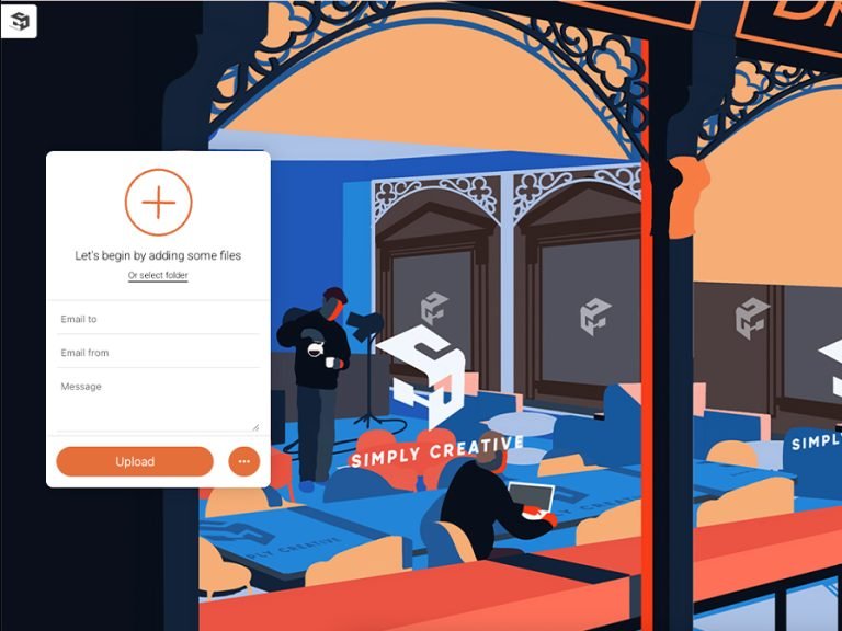 SimplyTransfer.uk upload screen showing an illustration of their office windows from outside. Image: Simply Creative
