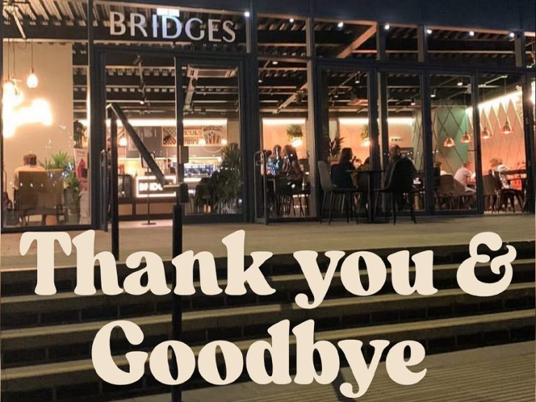 Bridges at night with the words 'Thank you and Goodbye'. The image that accompanied Bridges Espresso Bar's announcement on social media they were closing. Image: Bridges Espresso Bar